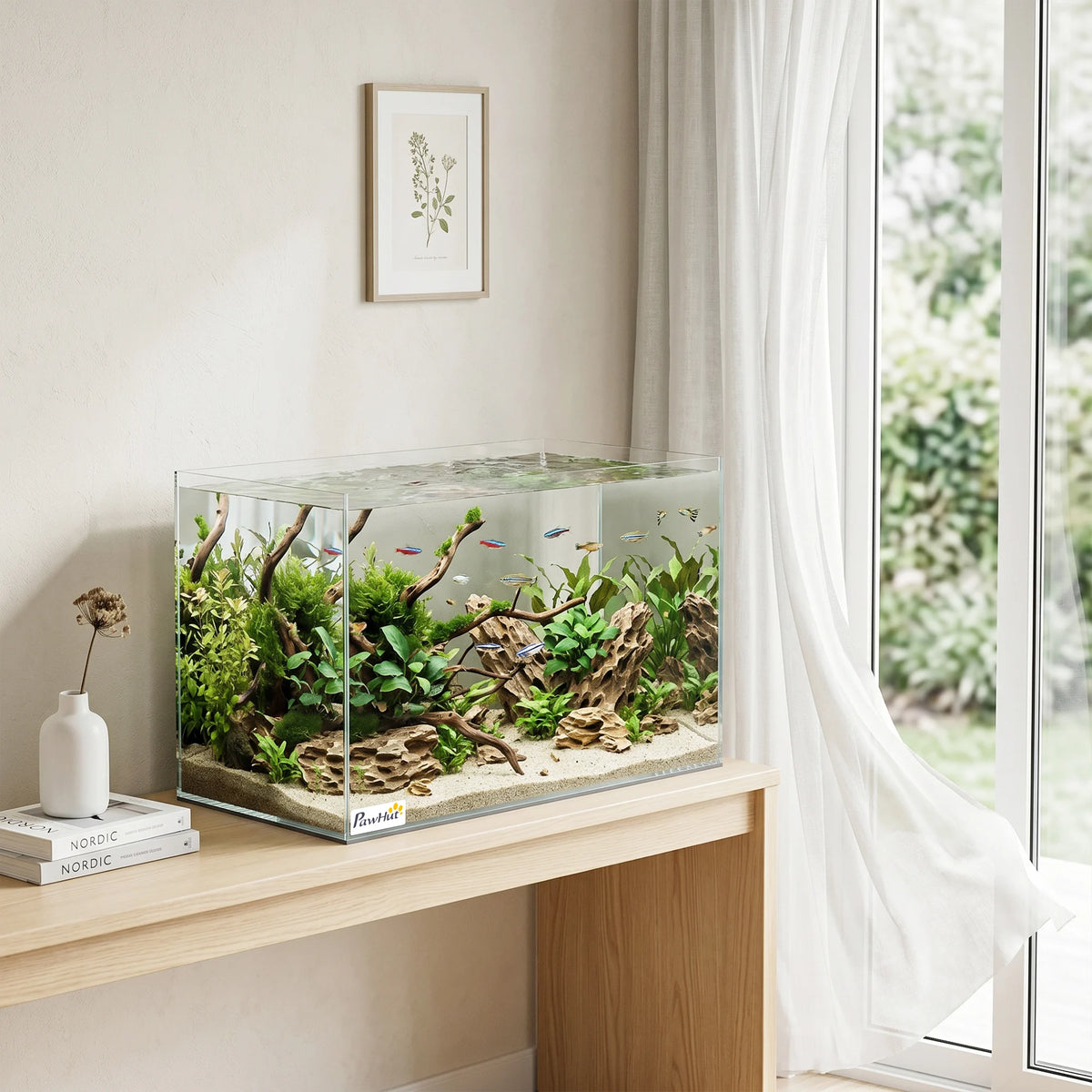 Aquarium sans cadre avec décor aquatique
