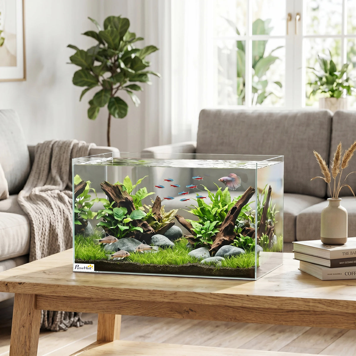 Aquarium sans cadre installé dans un salon