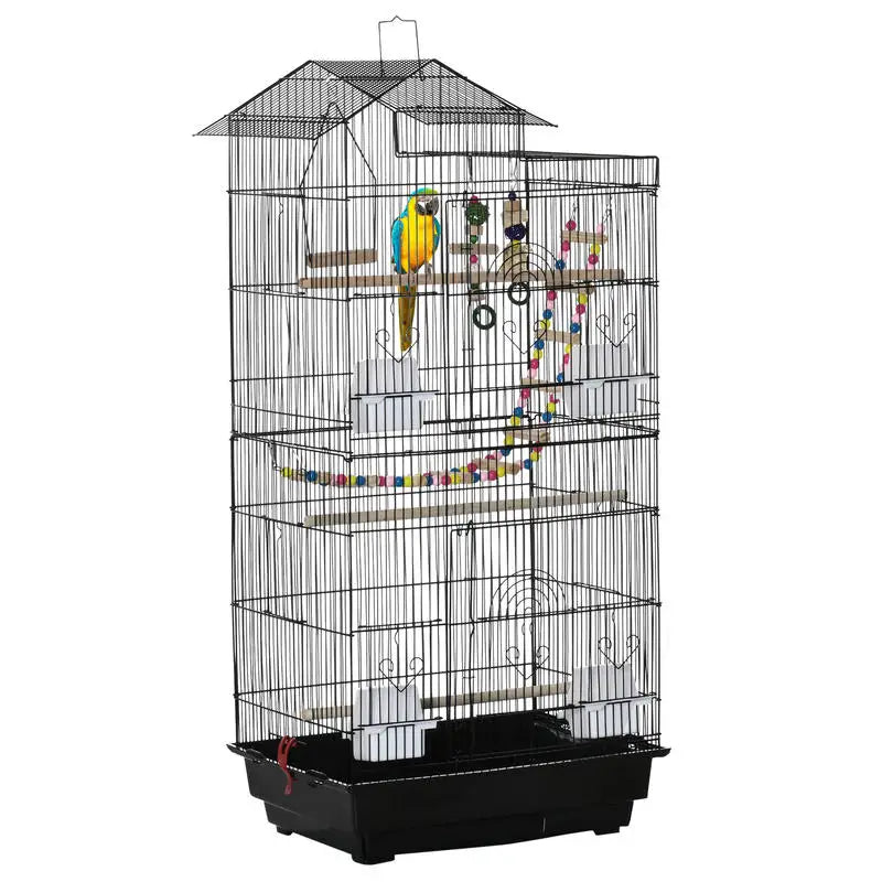 Cage à oiseaux avec accessoires et jouets, vue d'ensemble