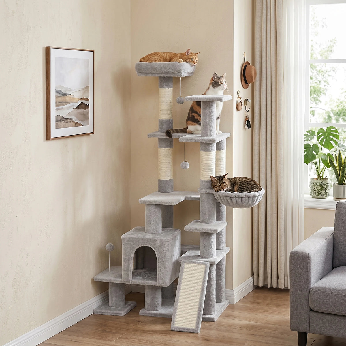 Arbre à chat 5 niveaux avec hamac - vue d'ensemble gris clair