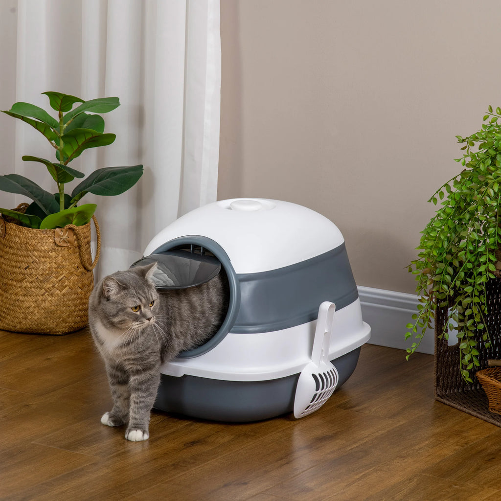 Maison de toilette pour chat grise et blanche, vue d'ensemble