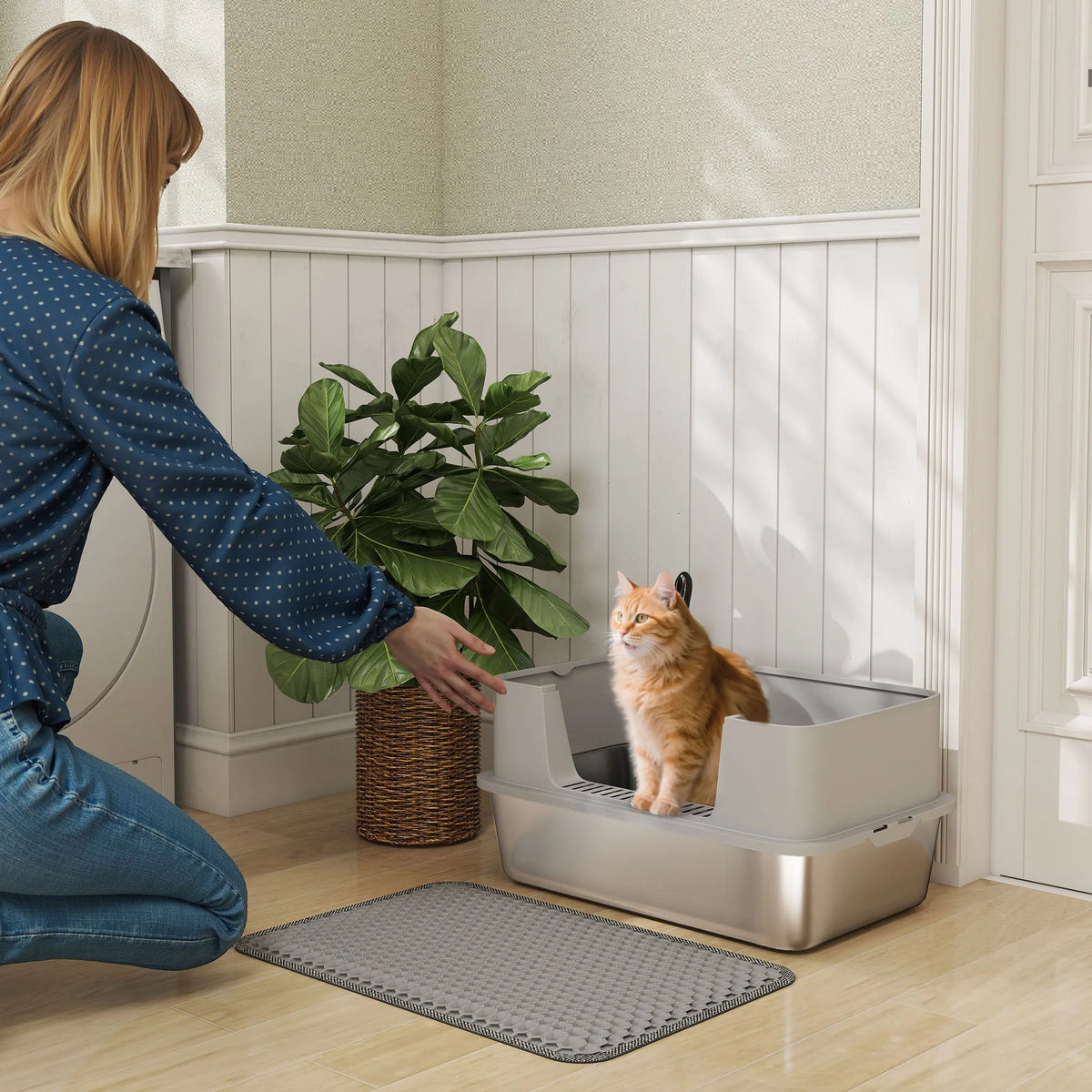 Bac à litière en acier inoxydable pour grand chat, gris