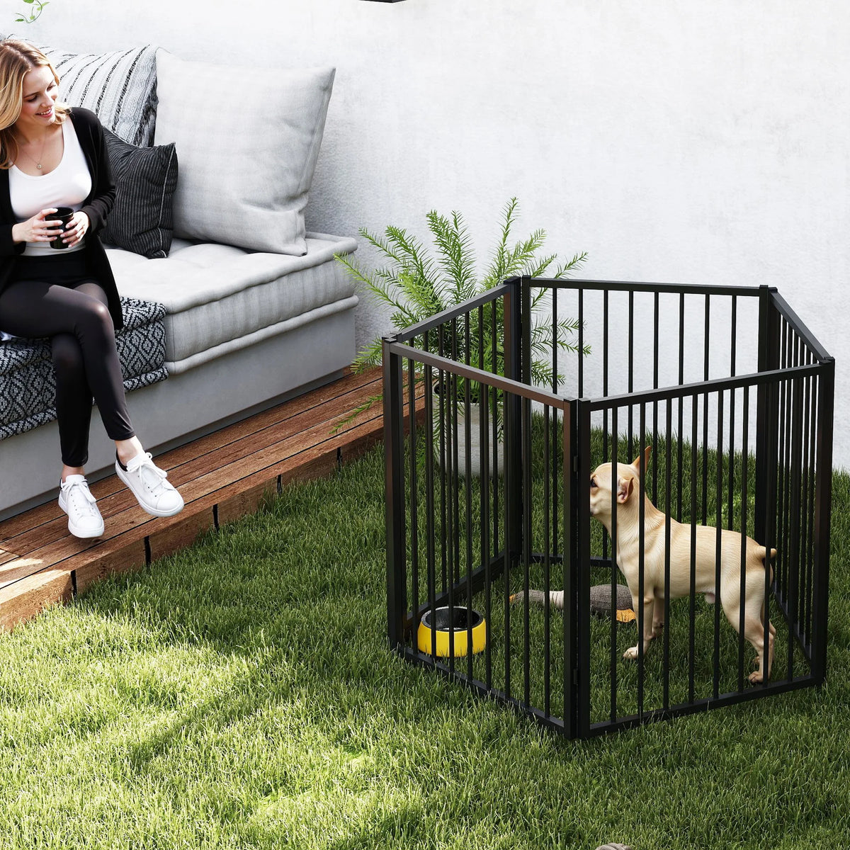 Parc pliable pour chien 5 panneaux, noir, vue d'ensemble