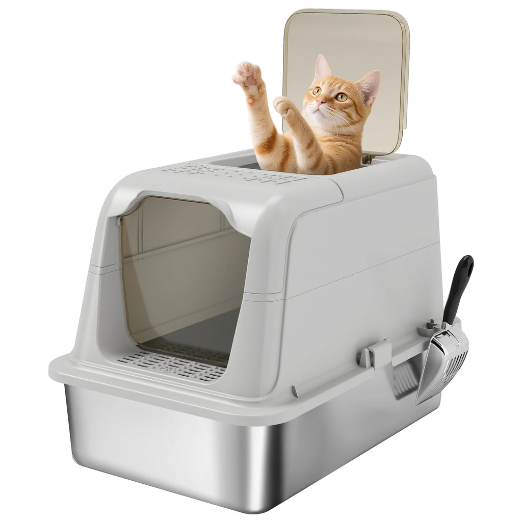 Bac à litière fermé en acier inoxydable pour chat - vue d'ensemble