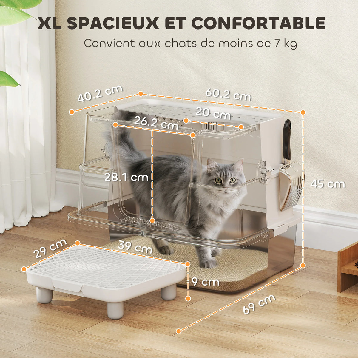 Bac à litière XL en acier inoxydable, coloris gris