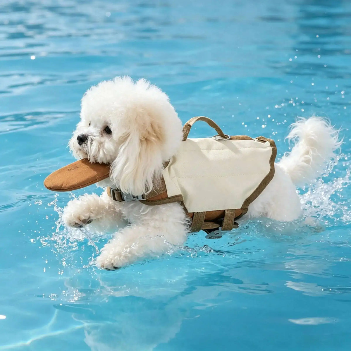 Chien portant son gilet de flottaison près de l'eau
