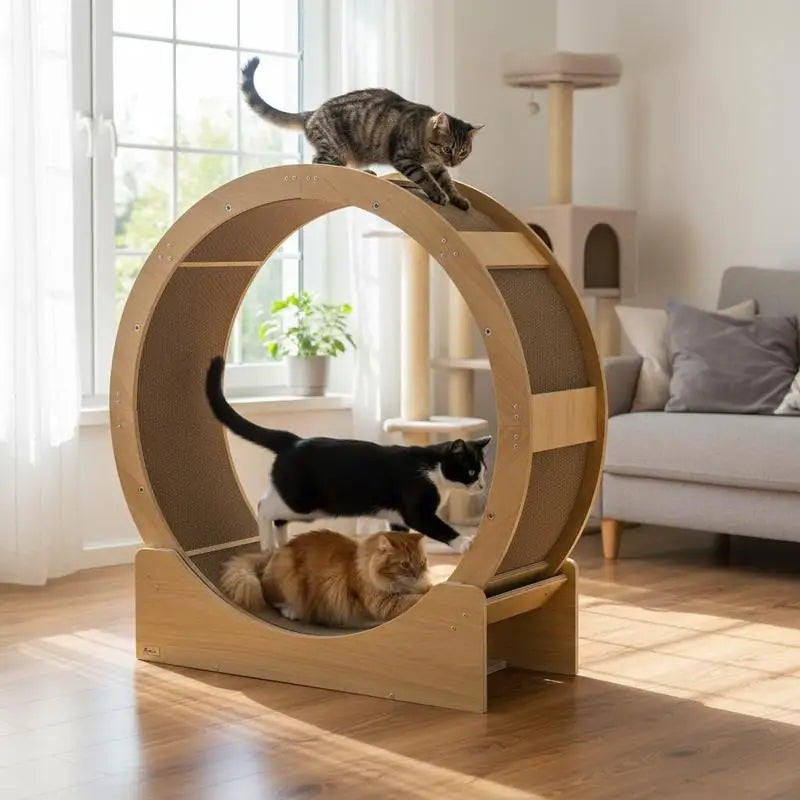 Roue d'exercice pour chat avec frein, ton chêne