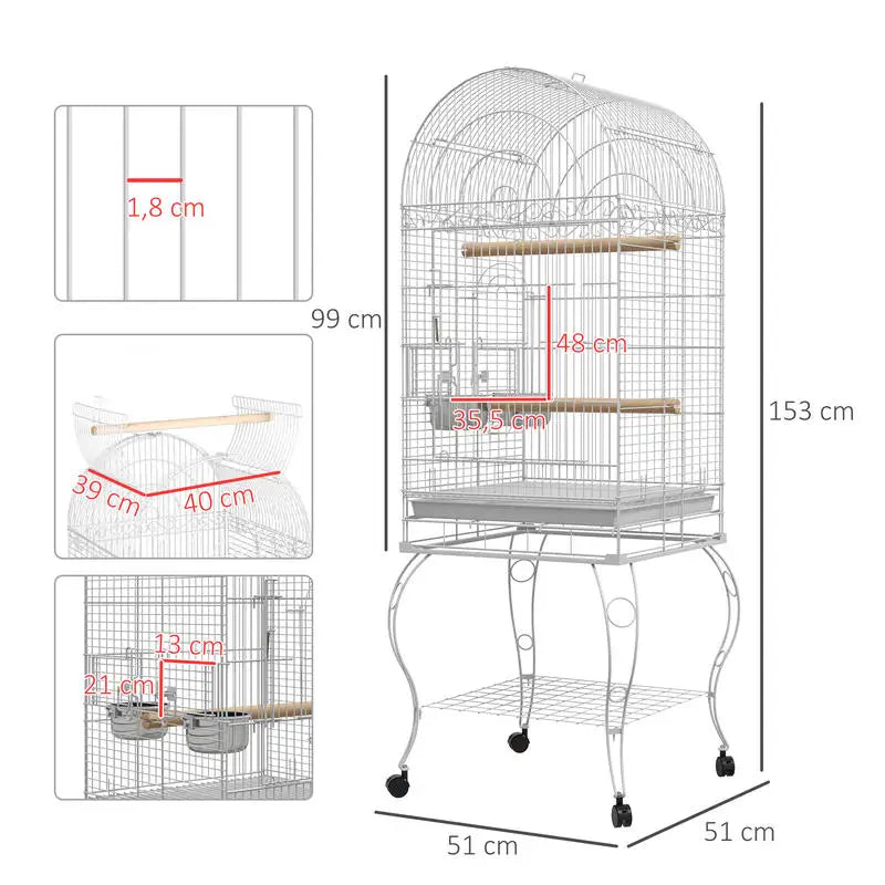 Cage à oiseaux sur roues en acier inoxydable blanche