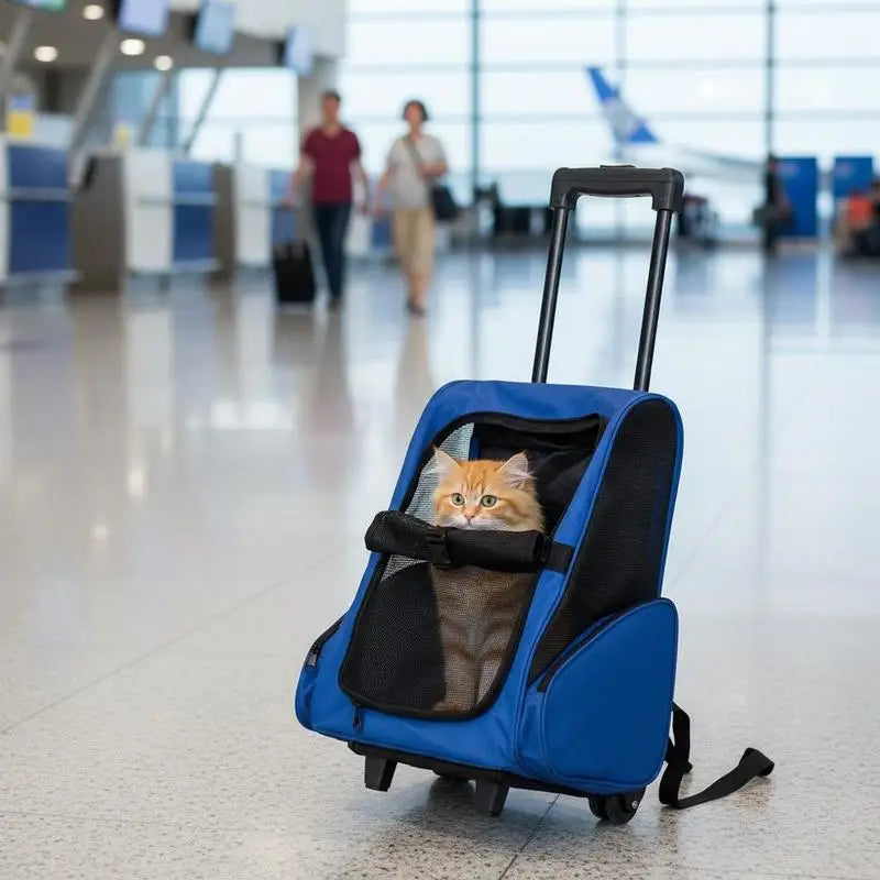 Sac de transport à roulettes pour chat et chien, coloris bleu