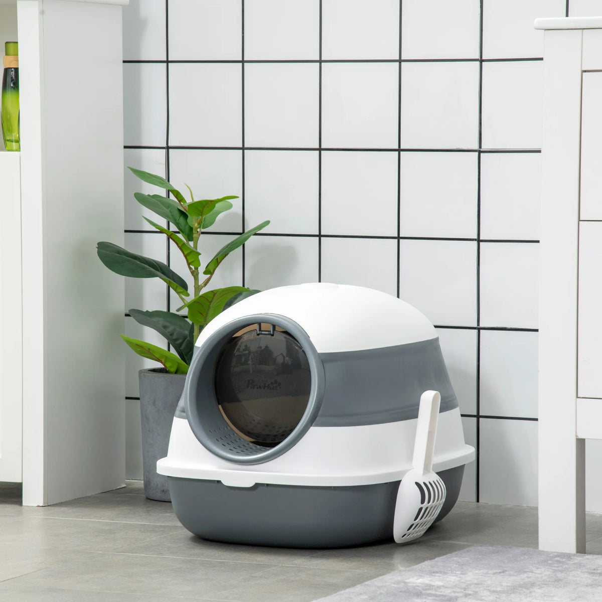 Maison de toilette pour chat avec porte battante ouverte