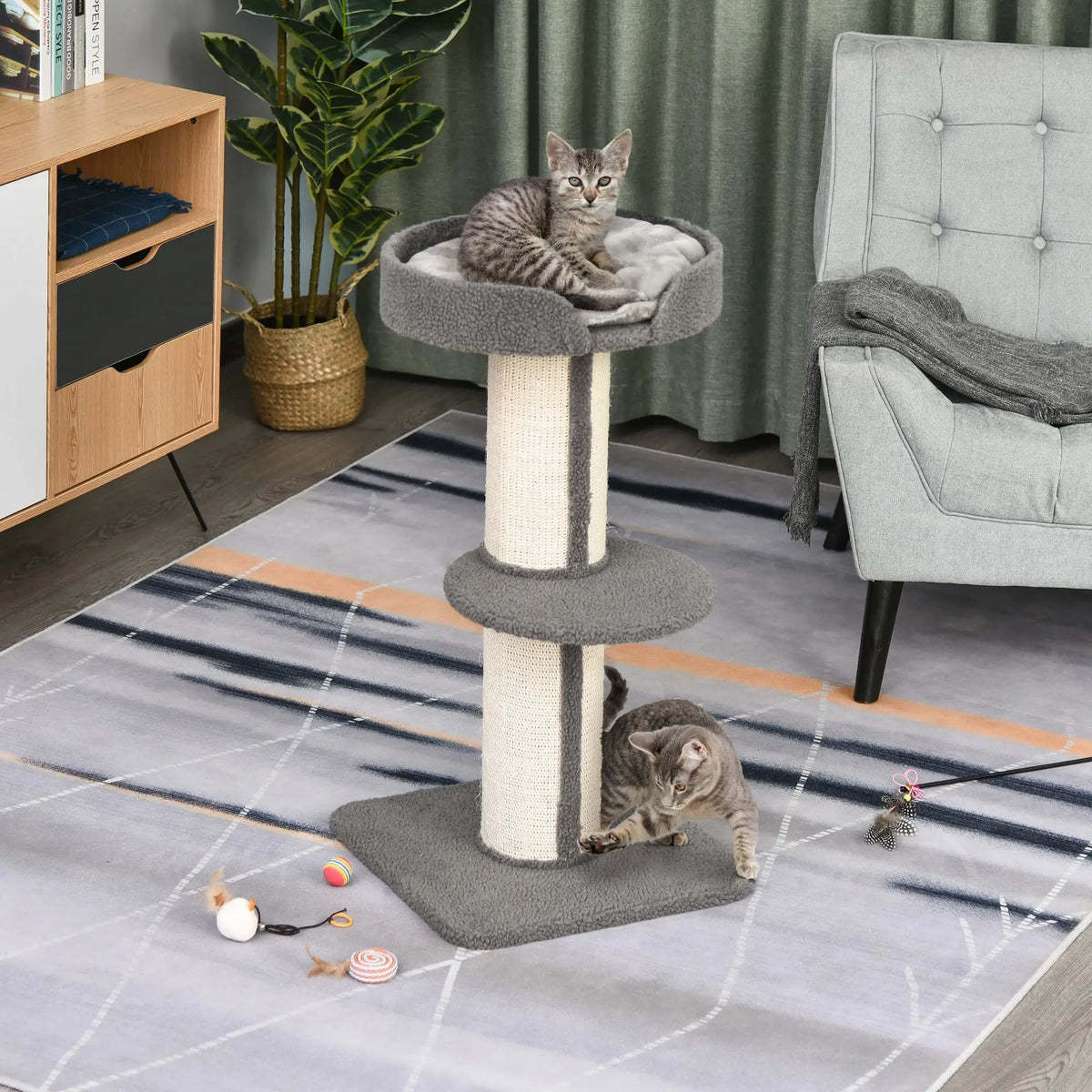 Arbre à chat en tissu bouclé gris avec griffoir intégré