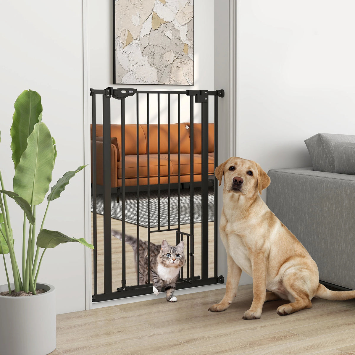 Barrière de sécurité avec porte pour chat en acier noir, vue d'ensemble