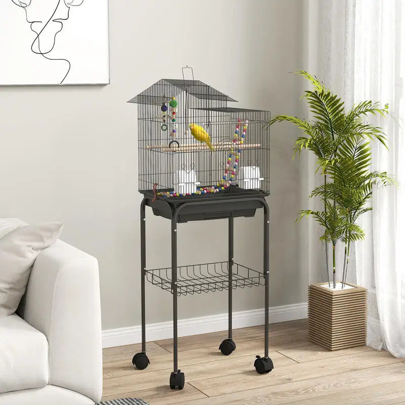 Support pour cage à oiseaux, détail de l'étagère de rangement