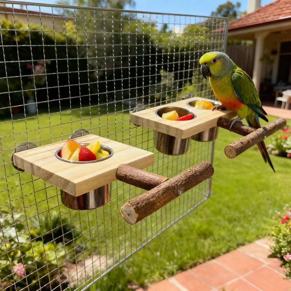 Support en bois avec gamelle inox pour oiseau - vue d'ensemble
