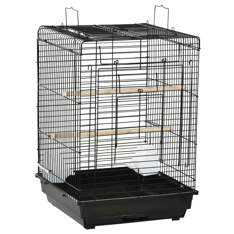 Cage à oiseaux avec toit ouvrant, poignées et gamelles, coloris noir