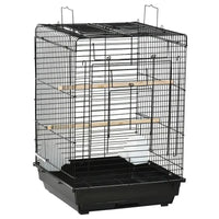Cage à oiseaux avec toit ouvrant, poignées et gamelles, coloris noir