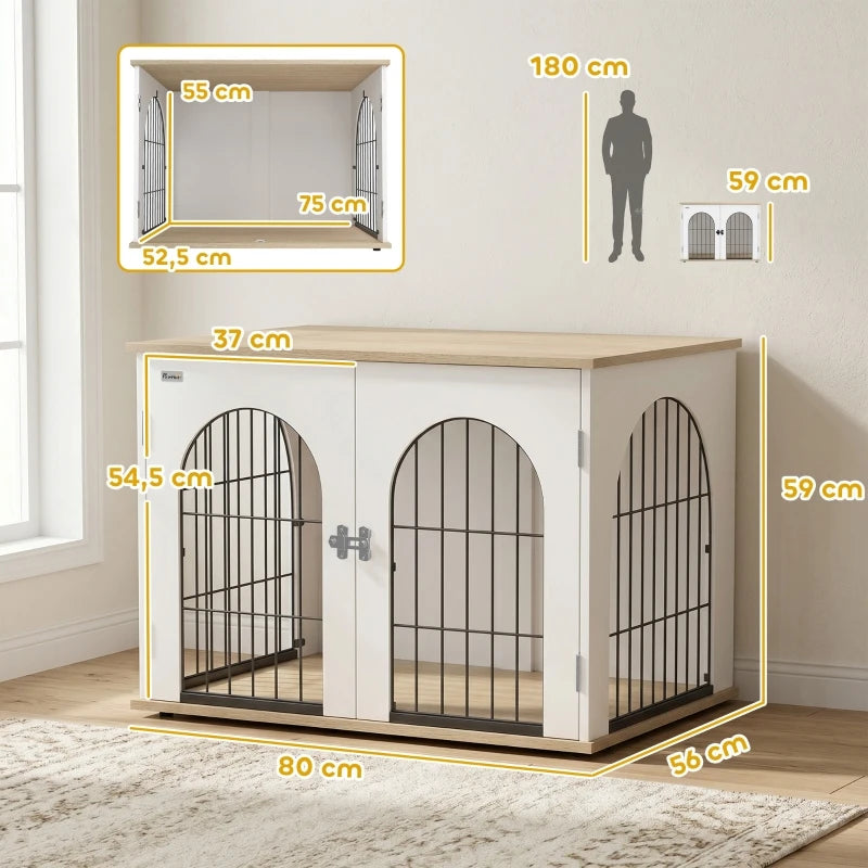 Cage pour chien utilisée comme table d'appoint