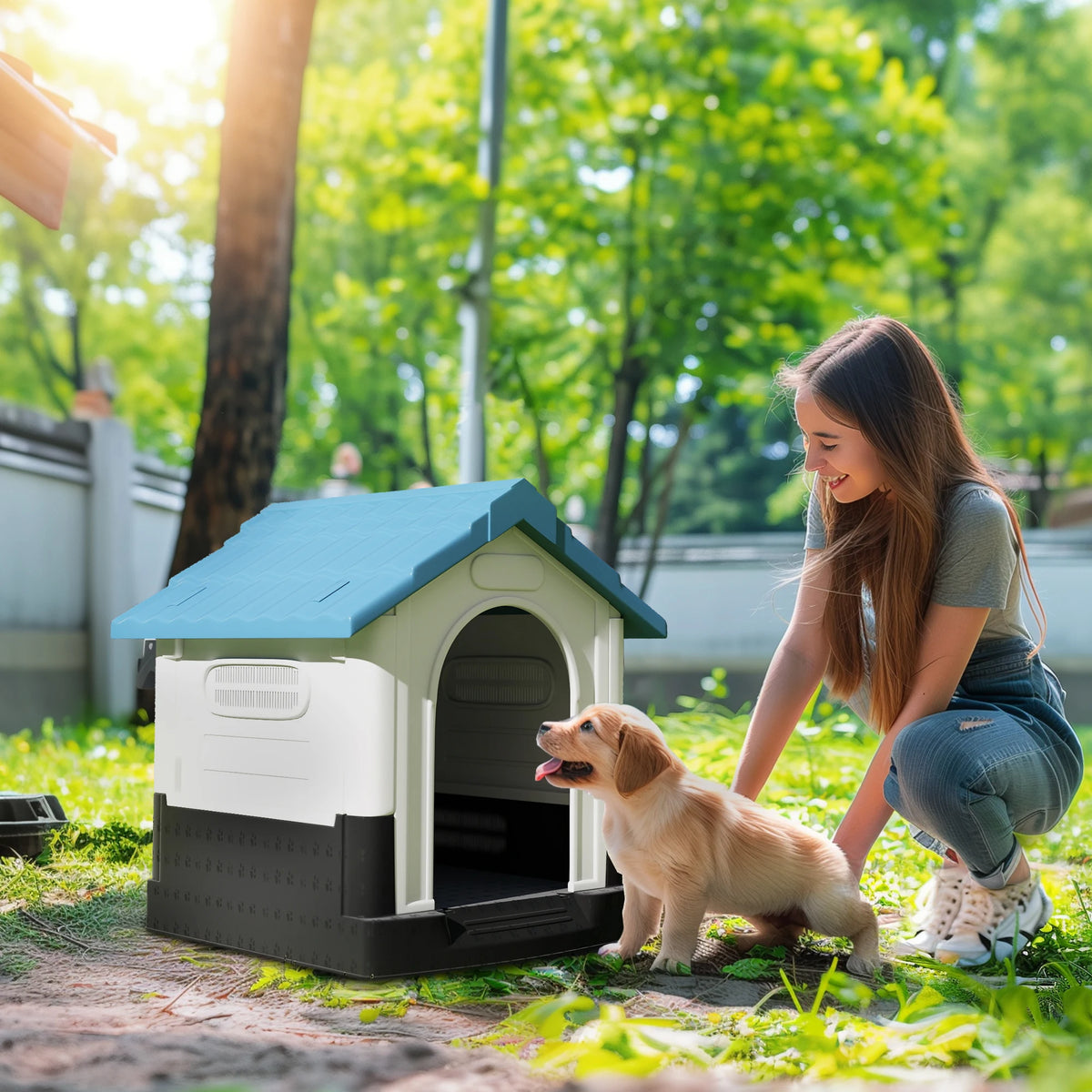 Niche extérieure pour chien, blanc et bleu