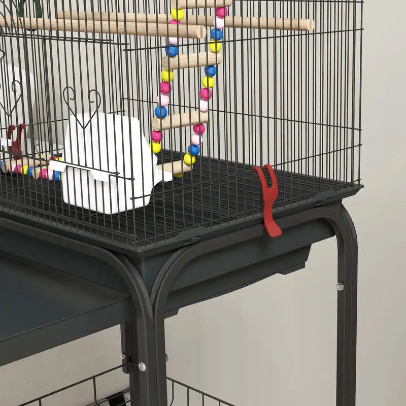 Support pour cage à oiseaux sur roulettes, vue de côté