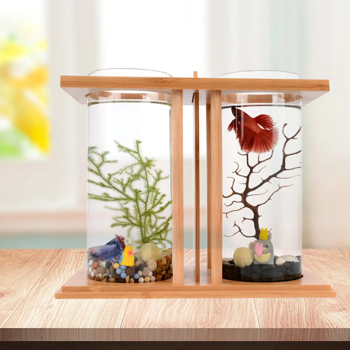 Détail du socle en bambou du mini aquarium