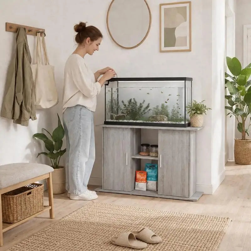 Détail du placard de rangement du meuble d'aquarium