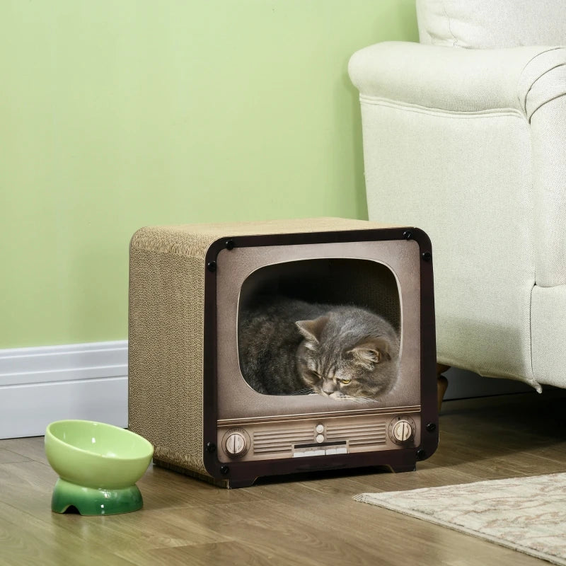 Griffoir carton vintage pour chat, forme téléviseur