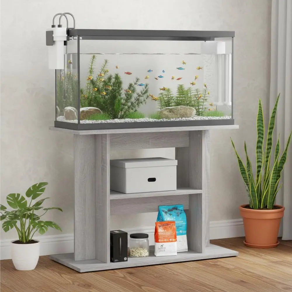 Meuble d'aquarium gris béton, vue de face