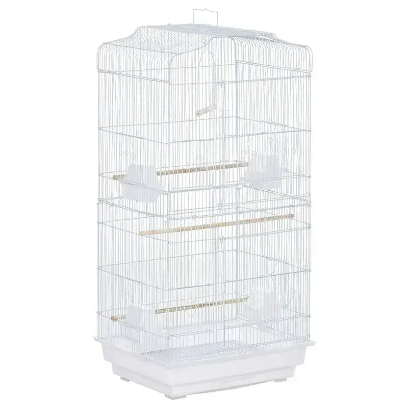 Cage à oiseaux en métal avec perchoirs et gamelles, coloris blanc