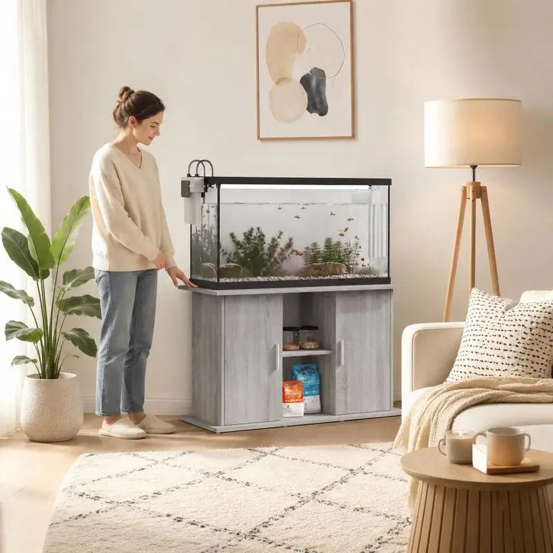 Meuble d'aquarium en bois avec aquarium installé dessus