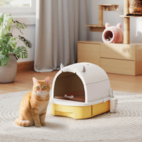 Chat entrant dans la maison de toilette fermée