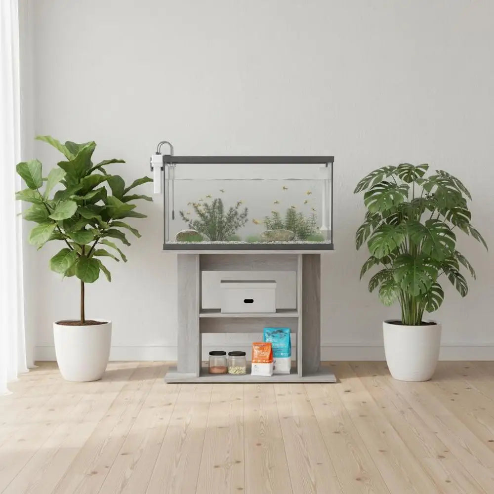 Meuble d'aquarium gris béton, vue d'ensemble avec aquarium