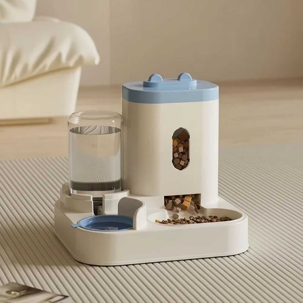 Chat utilisant la gamelle 2-en-1
