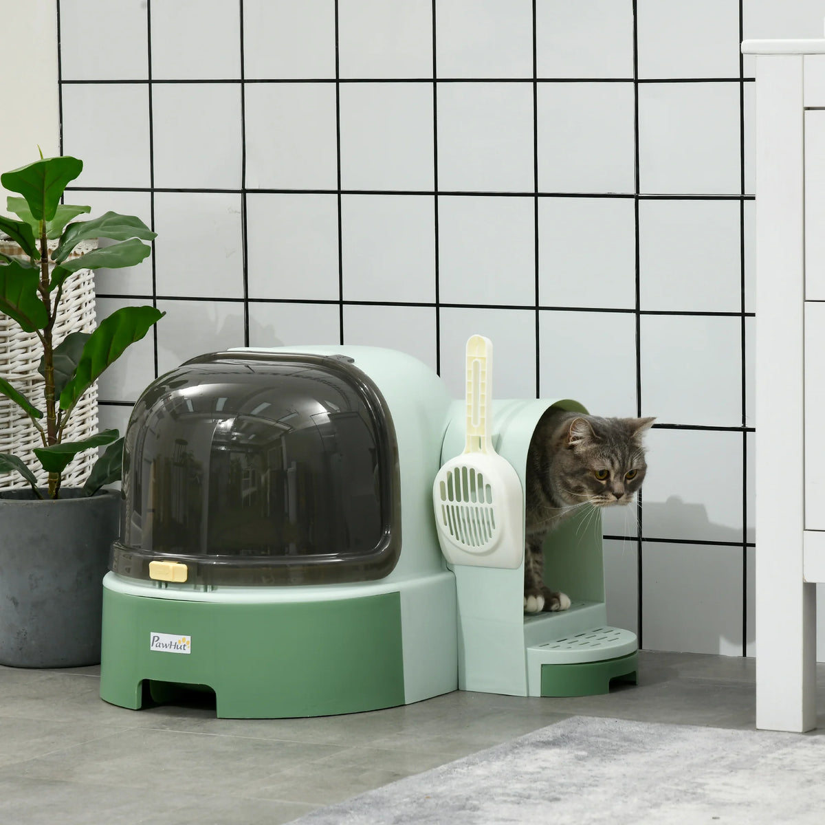 Maison de toilette fermée pour chat, vue d'ensemble