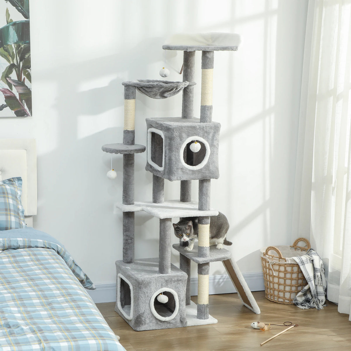 Tour de jeu arbre à chat avec niches et pompons, gris