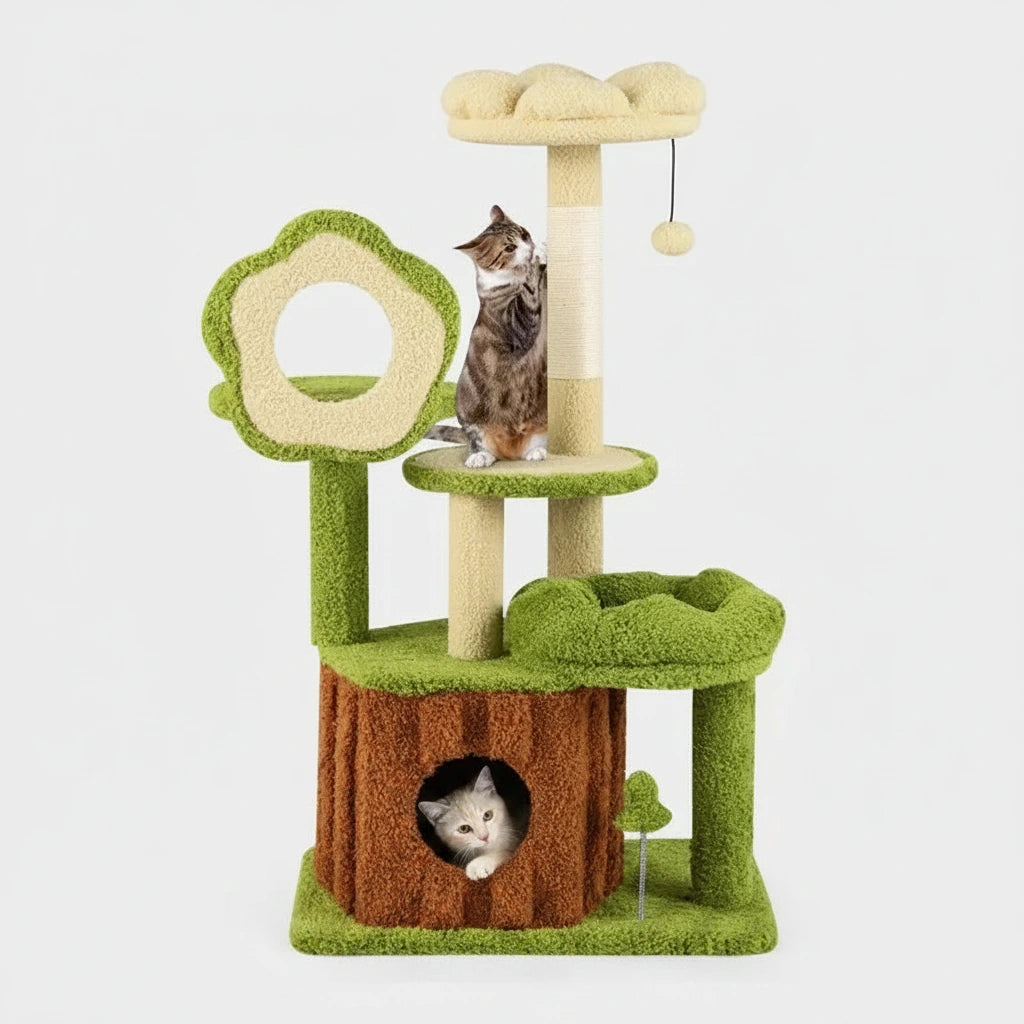Arbre à chat multi-niveaux vert avec tronc
