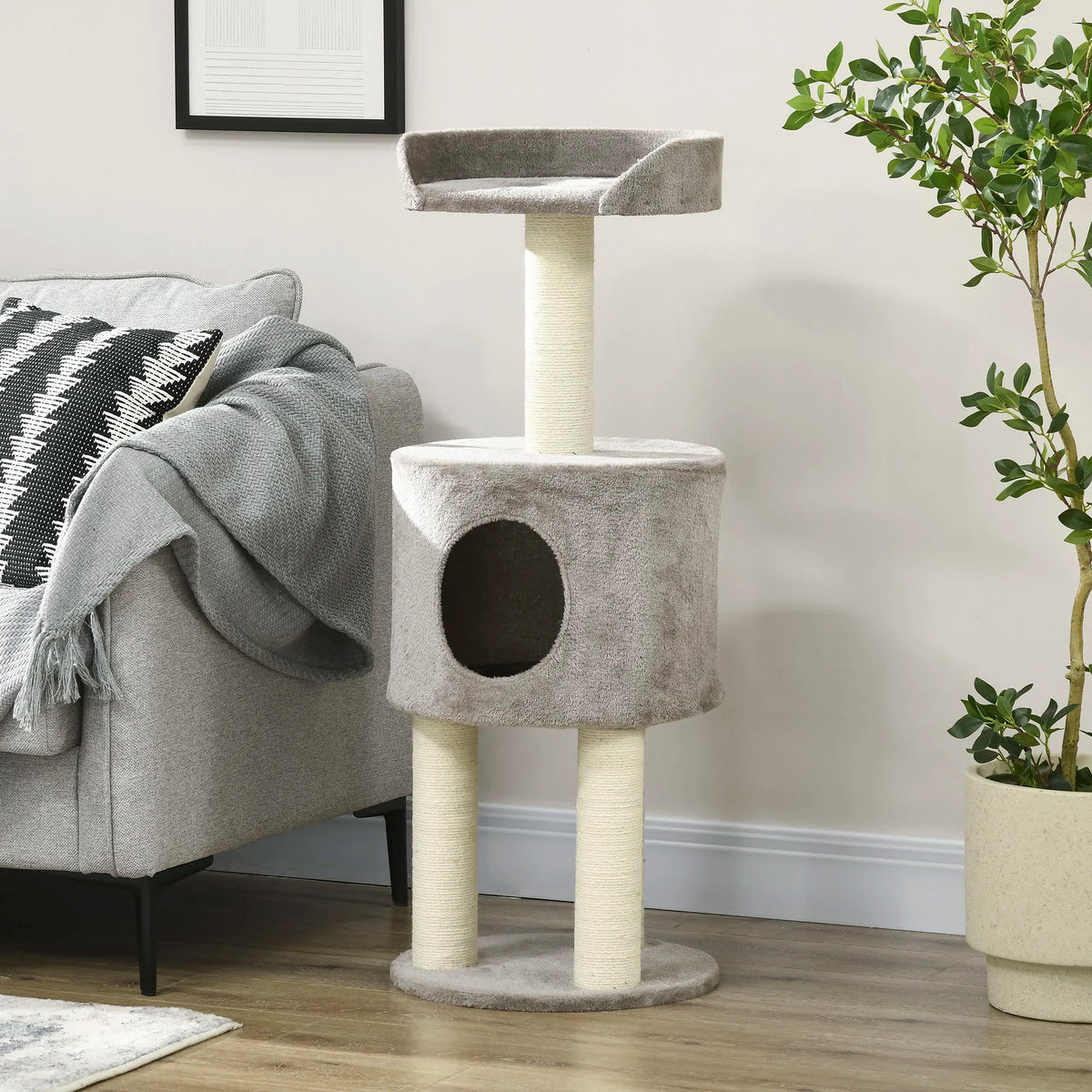 Griffoir arbre à chat en peluche - vue de côté