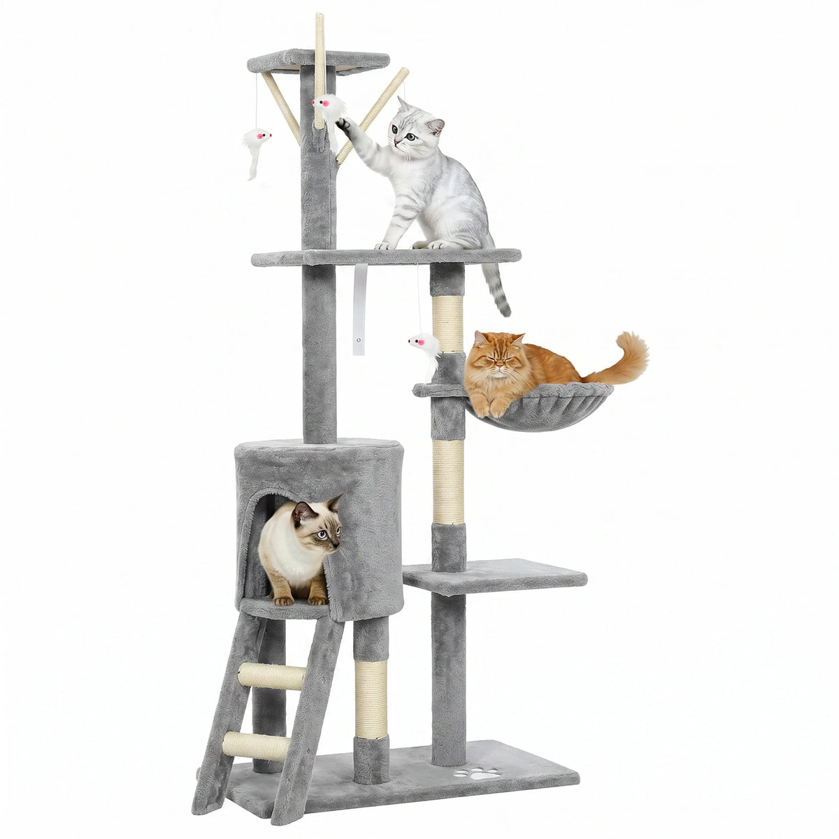 Tour de jeu arbre à chat multi-niveaux avec kennel, gris