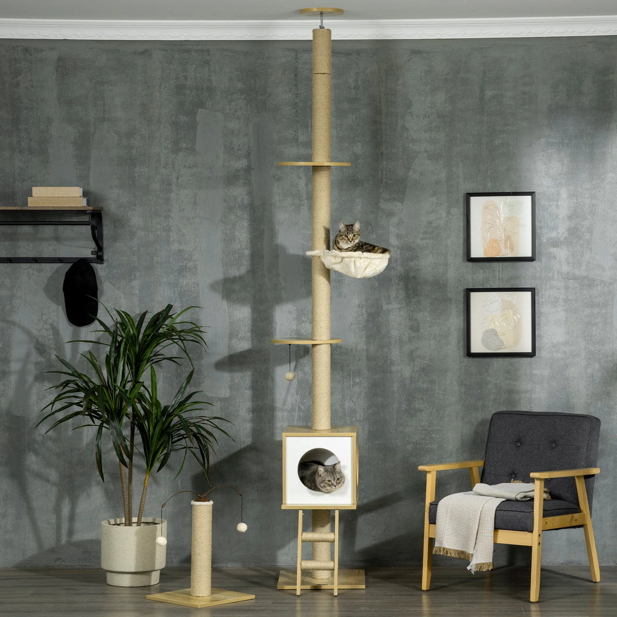 Arbre à chat plafond 4 niveaux, coloris beige