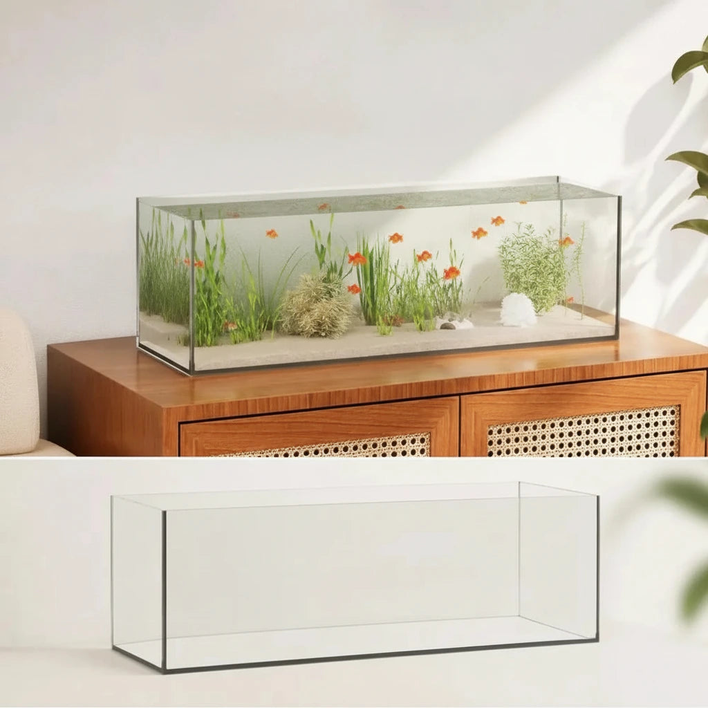 Détail du rangement intégré de l'aquarium en verre