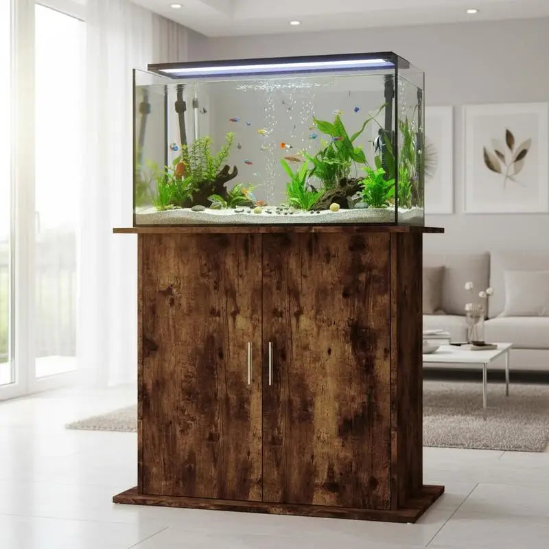 Meuble d'aquarium avec aquarium posé dessus
