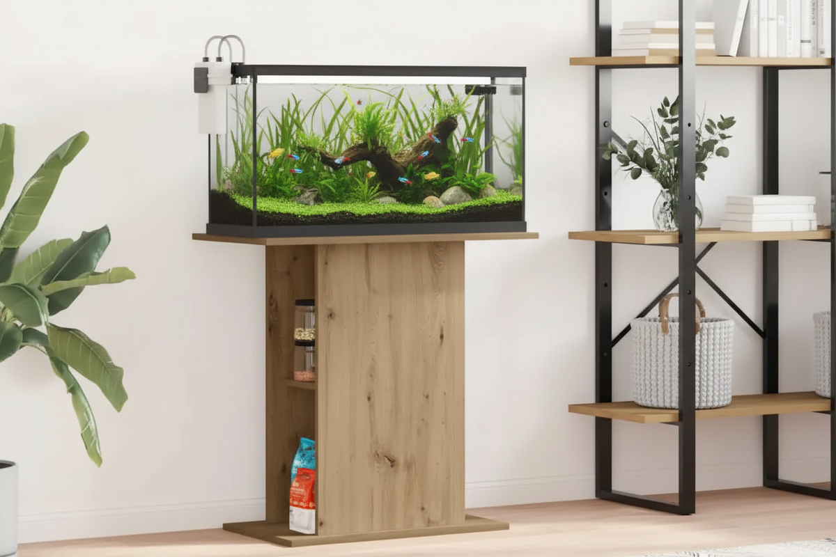 Aquarium posé sur le meuble minimaliste dans un bureau