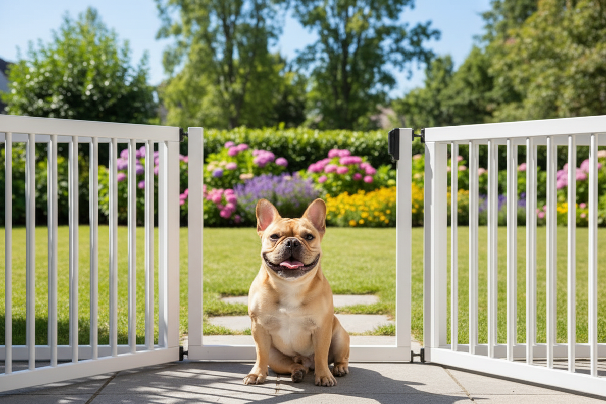Bouledogue derrière la barrière de sécurité au jardin