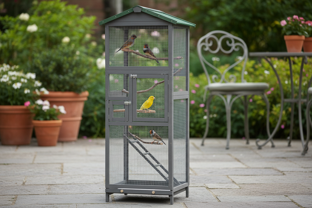 Canari et pinsons partageant la volière en bois massif