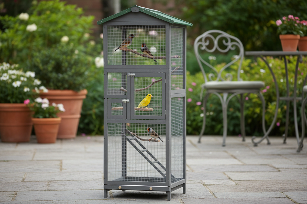 Canari et pinsons partageant la volière en bois massif