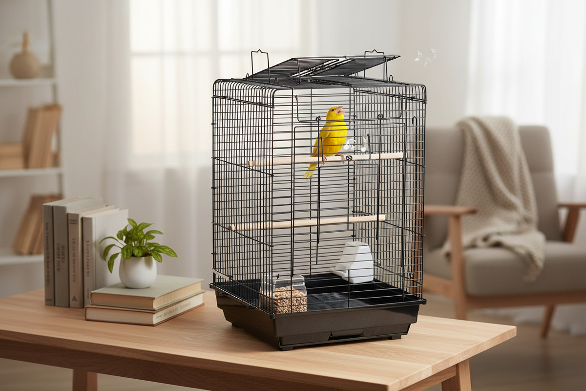 Canari jaune près de la cage à oiseaux à toit ouvrant
