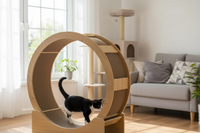 Chat noir utilisant la roue d'exercice