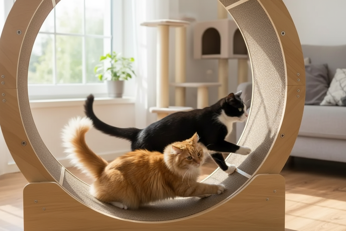 Chat griffant le tapis de griffage de la roue d'exercice