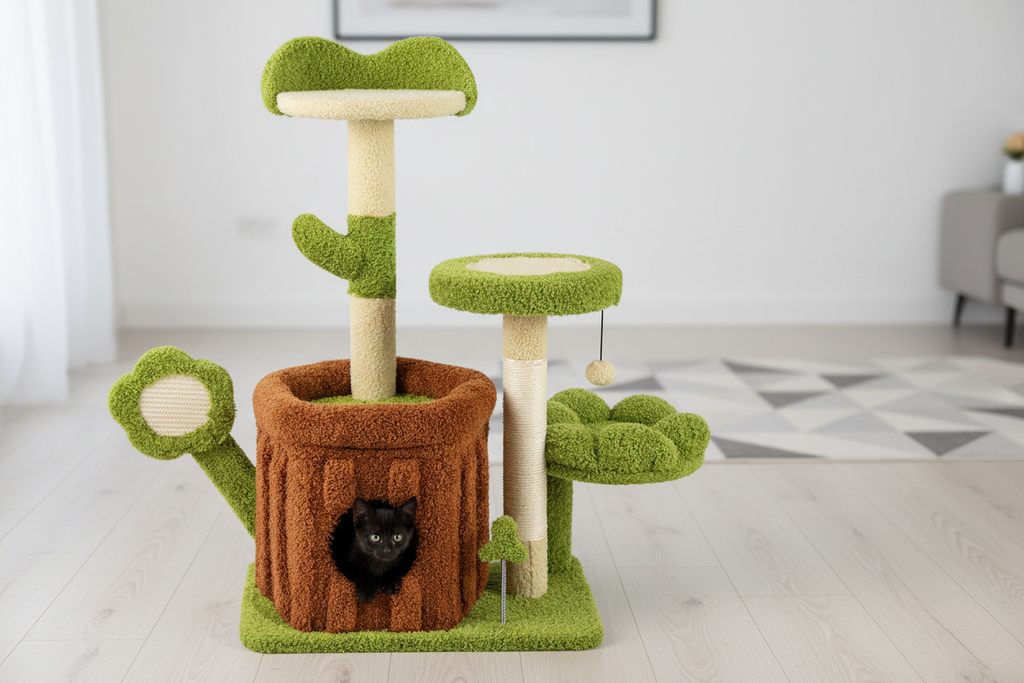 Chaton grimpant dans le tronc du centre d'activités
