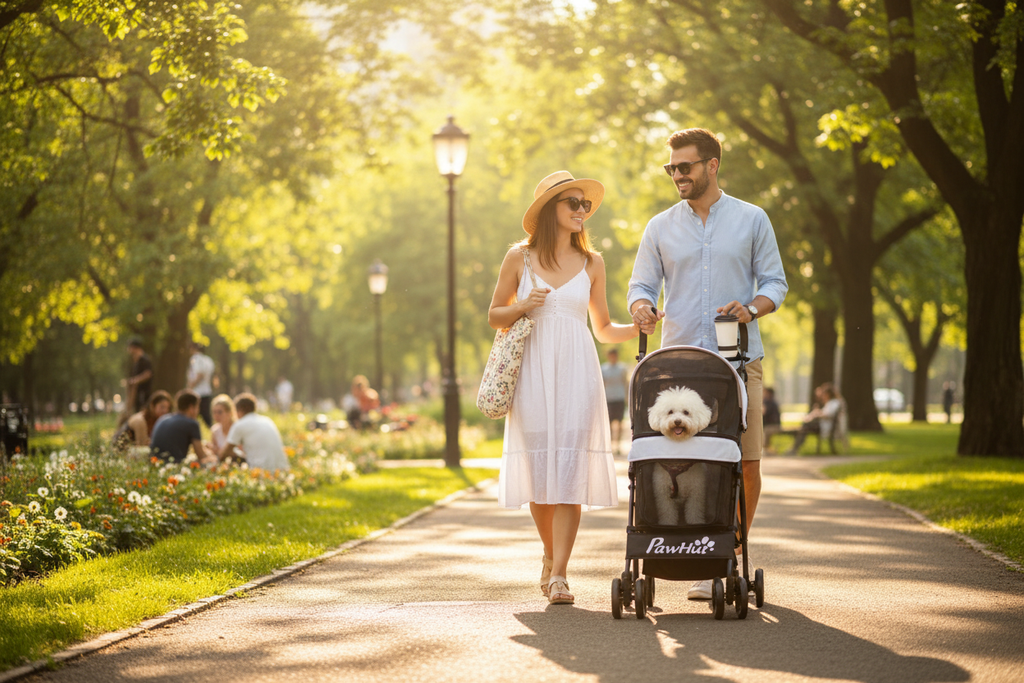 Couple promenant son Bichon dans la poussette pliable