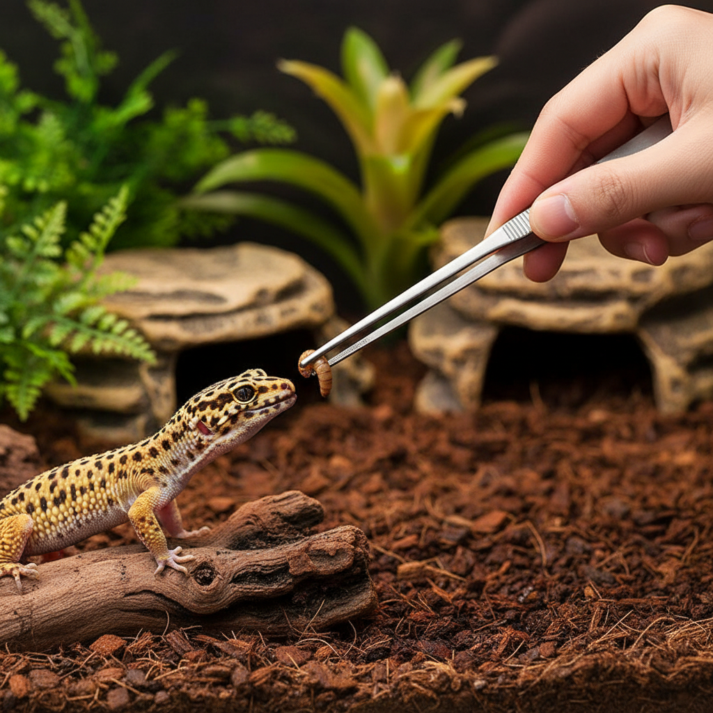 Pince courbée utilisée pour nourrir un gecko
